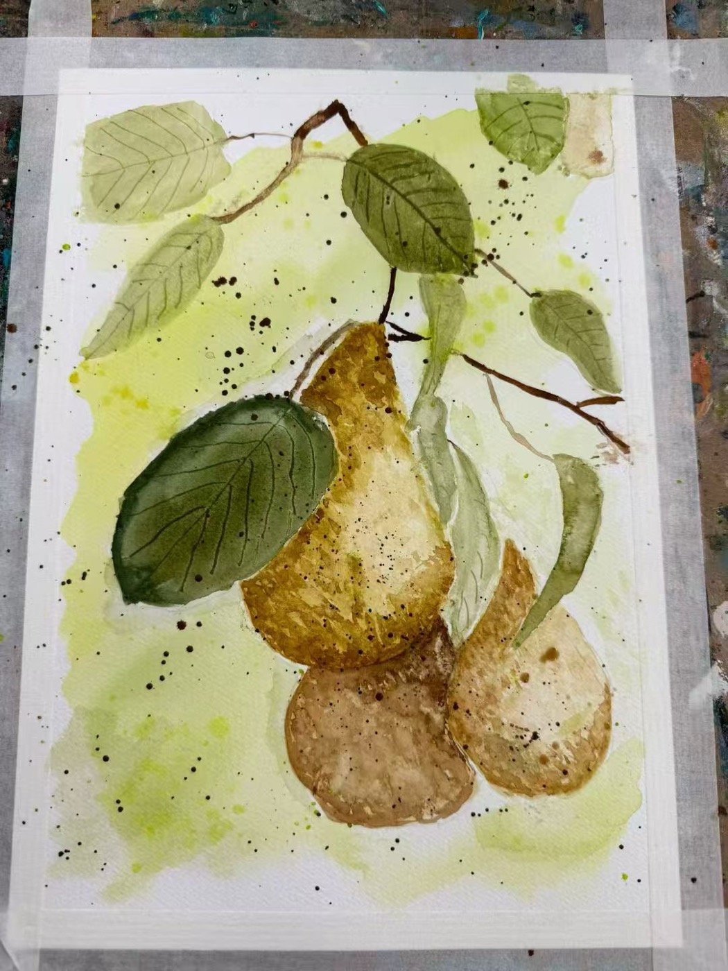 Watercolour still life of pears and leaves